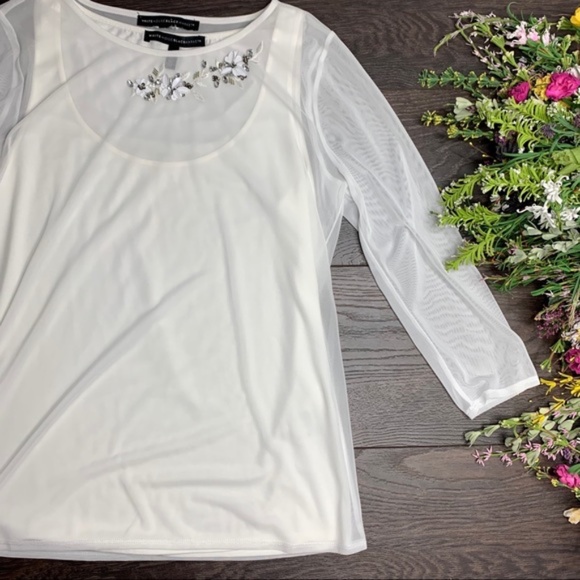 White House Black Market Tops - WHBM Ecru Long Sleeve Embellished Mesh Top sz sm